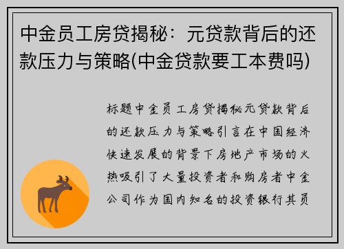 中金员工房贷揭秘：元贷款背后的还款压力与策略(中金贷款要工本费吗)