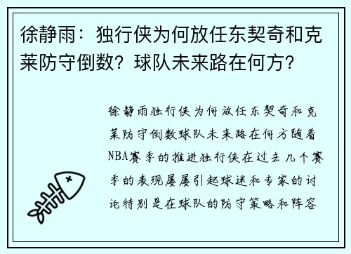 徐静雨：独行侠为何放任东契奇和克莱防守倒数？球队未来路在何方？