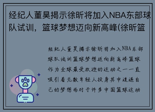 经纪人董昊揭示徐昕将加入NBA东部球队试训，篮球梦想迈向新高峰(徐昕篮球运动员简介)